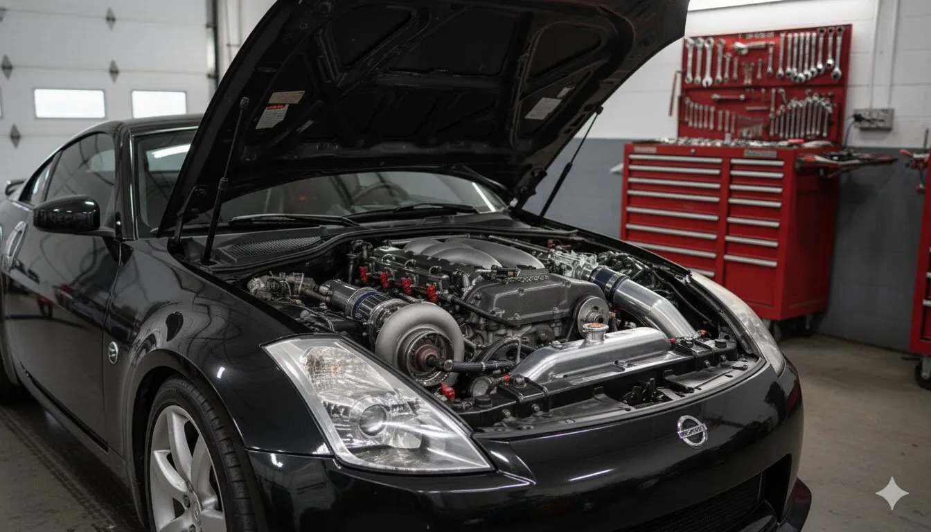 Black Nissan 350Z with hood open showing turbocharged engine bay in professional shop