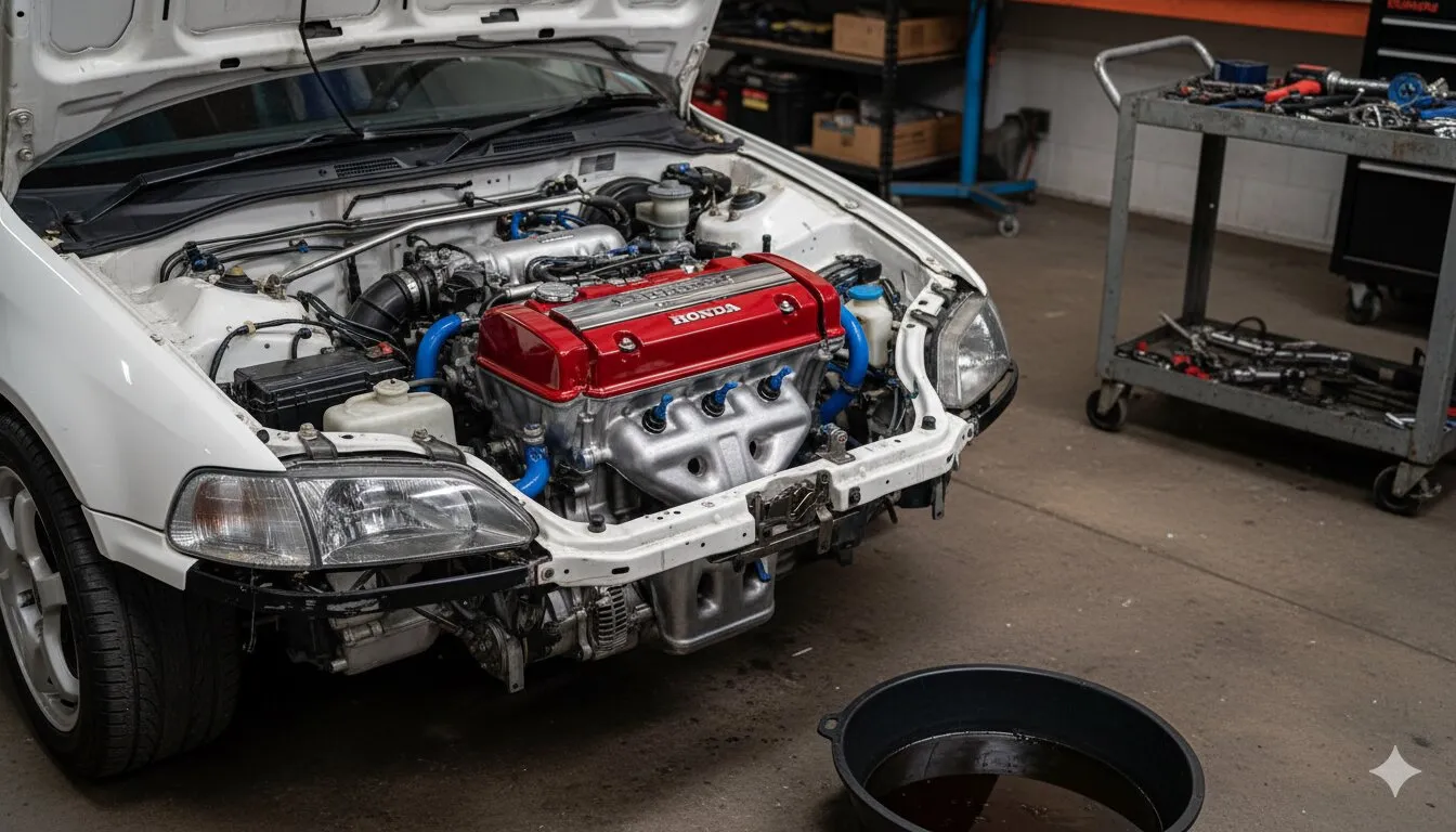 Honda Civic EG hatchback with freshly swapped B18C Type R engine in professional shop