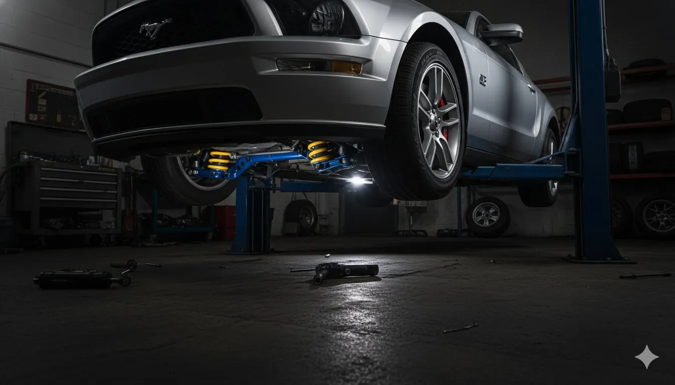 Silver Ford Mustang GT on lift showing upgraded suspension with yellow Koni coilovers